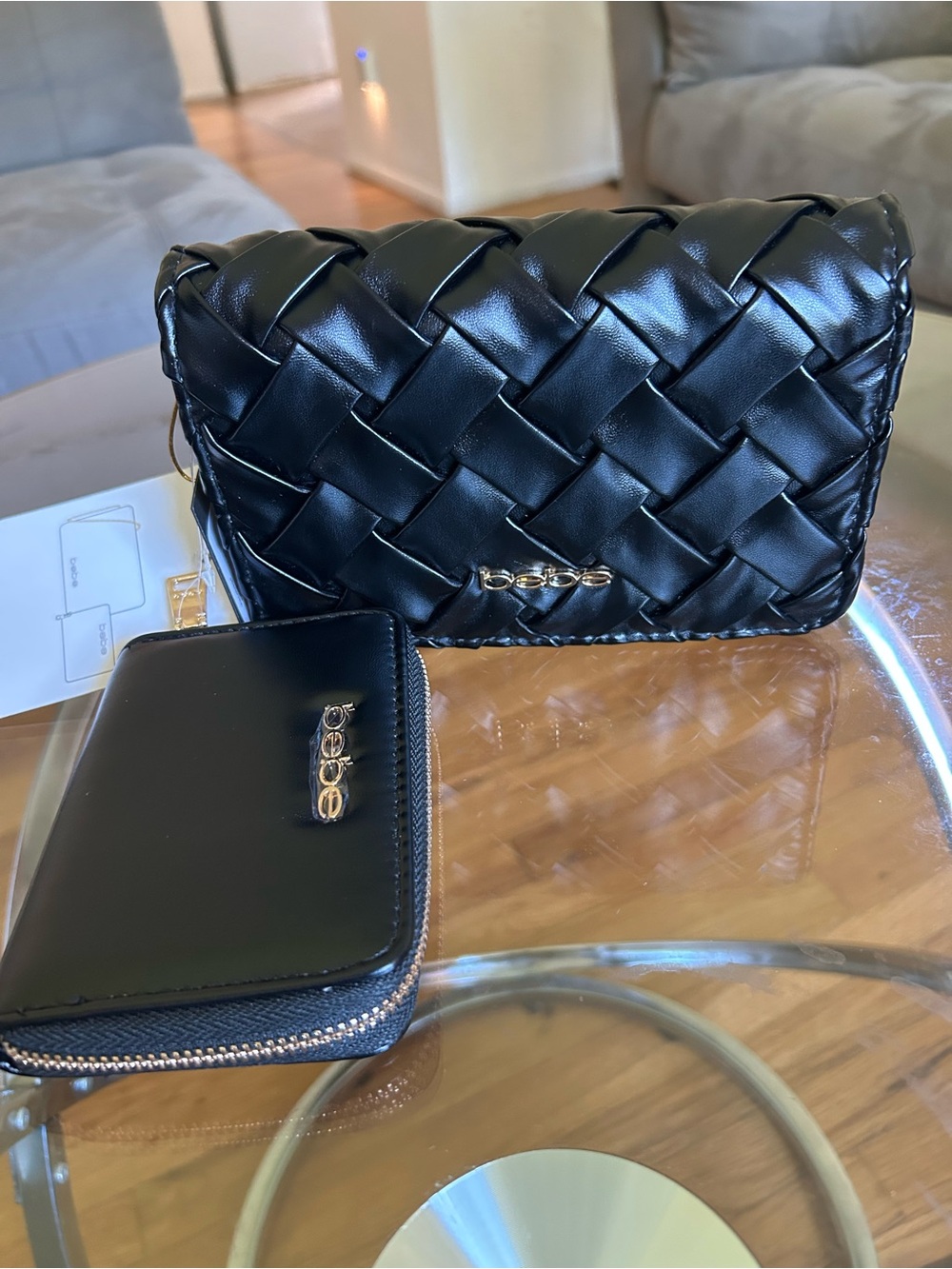 bebe Black Woven Clutch with Zip Wallet